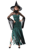 BFJFY Halloween Women's Costume Green Tassel Witch Cosplay Dress Outfit - bfjcosplayer