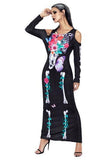 BFJFY Halloween Women Flower Skull Skeleton Scary Cosplay Long Dress - bfjcosplayer