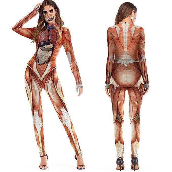 BFJFY Women's Cosplay Scary Halloween 3d Skull Viscera Blood Print Jumpsuit - bfjcosplayer