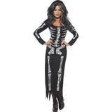 BFJFY Halloween Costume Women Skull Pettern Scary Bones Long Dress - bfjcosplayer