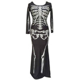 BFJFY Halloween Cosplay Costume Women Skull Pettern Scary Bones Long Dress - bfjcosplayer